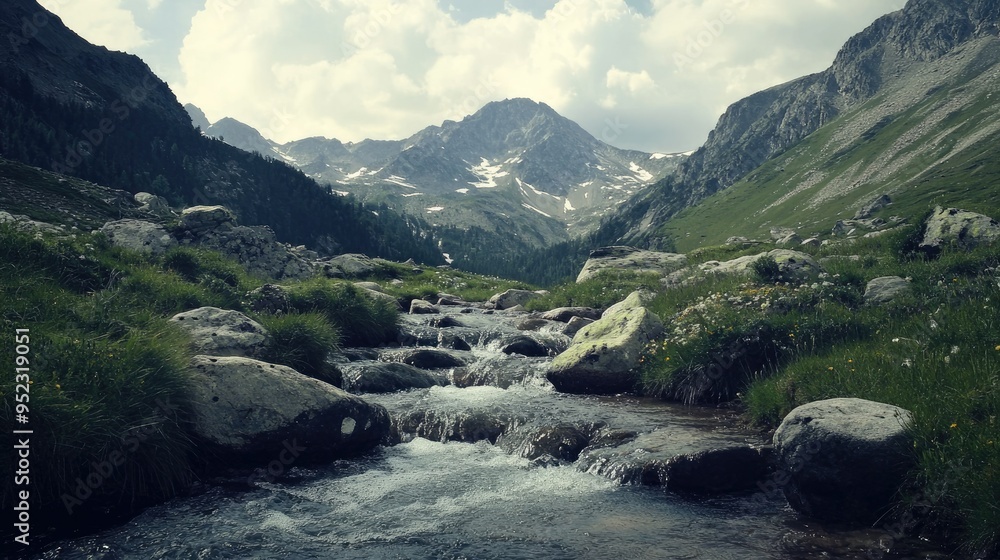 Poster a serene mountain scene with a flowing stream, perfect for text overlay in the sky. no people.