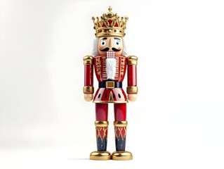 Lone Ornate Christmas Nutcracker Soldier Against Pure White Backdrop with Dramatic Lighting