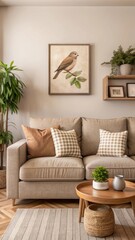 A cozy living room features a neutral-colored sofa adorned with various textured pillows, including round and rectangular ones