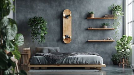 Cozy stylish bedroom designed for teenage boy Grey walls and wooden floor On the wall skate board and shelf with wooden models : Generative AI