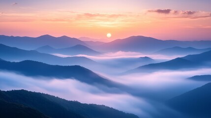 Obraz premium Sunrise Over Misty Mountain Range. Beautiful Landscape Shot Sun Rising Mist Mountains. 