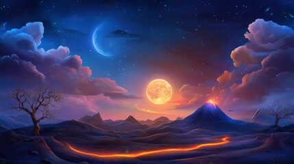 Glowing lava flow, volcanic landscape