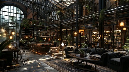 Fototapeta premium Greenhouse interior with cozy furniture and victorian style futuristic eco-friendly design