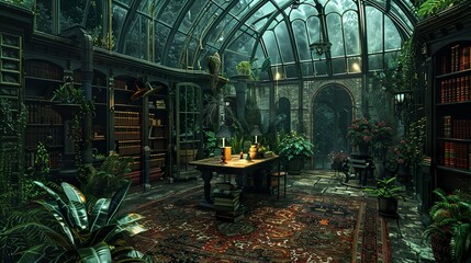 Victorian study interior in a botanical garden greenhouse with a lot of glass windows and ironworks design