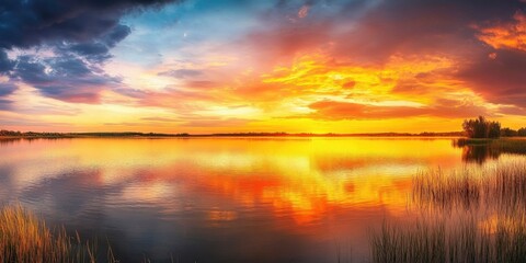 Obraz premium a panoramic picture of a serene lake with a magnificent sunset. Bright orange, yellow, and red wallpaper background hues fill the sky.
