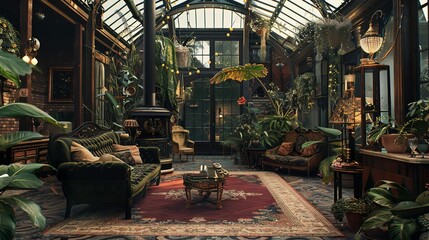 Naklejka premium Rustic style greenhouse living room interior design with cozy ambience