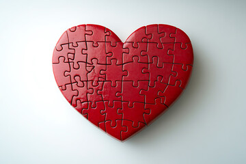 An isolated image of a red heart puzzle on a white background, symbolizing love, connection, and relationships, with pieces coming together to form a complete heart.
