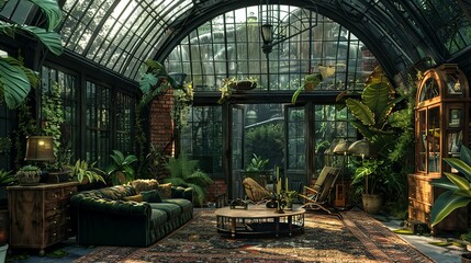 Dark ambience in a victorian greenhouse living room hall interior