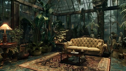Dark ambience in a victorian greenhouse living room hall interior