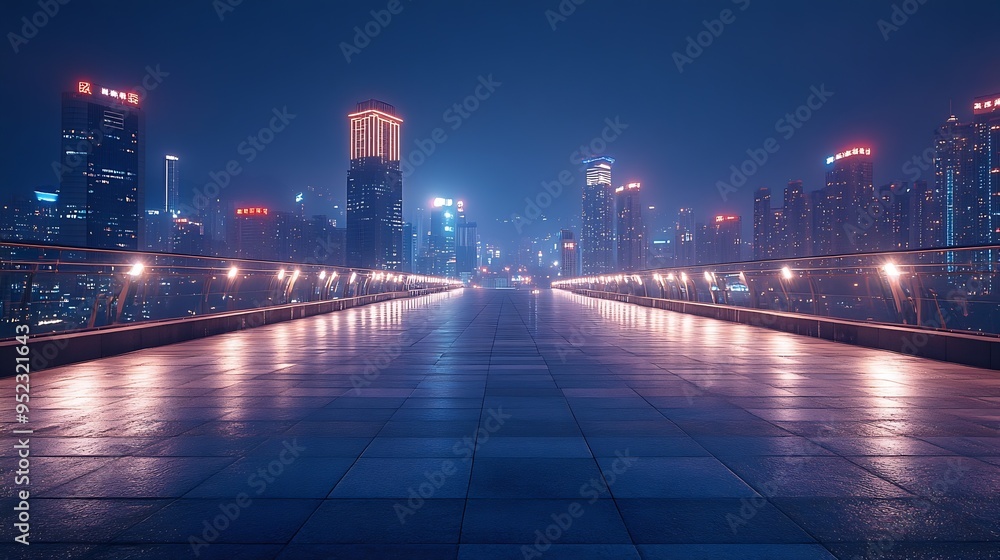 Poster empty square floor and bridge with modern city buildings at night in chongqing : generative ai
