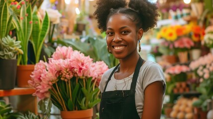 Black Woman Smiling in Her Flourishing Flower Shop Environment