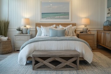 Fototapeta premium A serene bedroom featuring a cozy bed, decorative pillows, and calming decor.