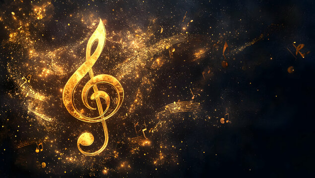 A shimmering golden musical note radiating creativity, set against a dark, starry background, symbolizing harmony and inspiration.