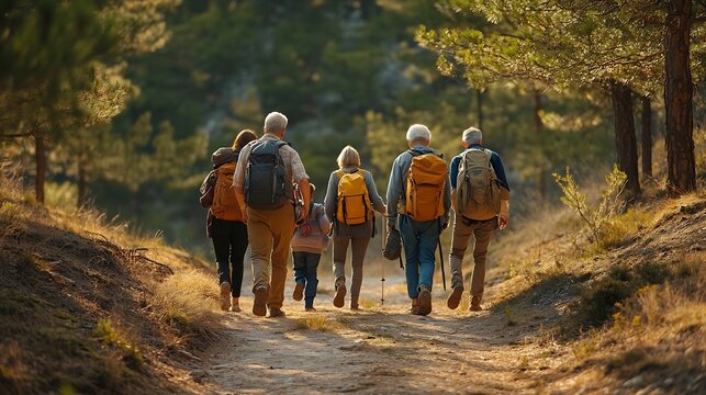 Multi generation family walking in line up the hill on a trail in a forest during a camping holiday Zlatibor Serbia Happy senior father and mother with adult woman child have fun on we : Generative AI