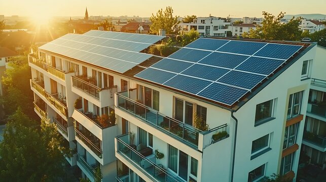 Solar Panels Roof Apartment Building Modern Solar Panel System on Roof of Highrise Multi Storey Building in Green City of Germany with Sunlight : Generative AI