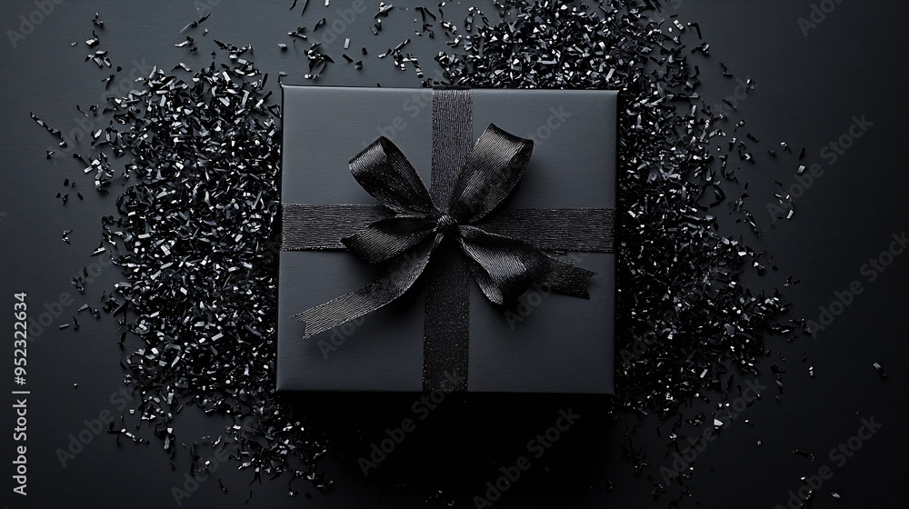 Poster black gift box with shredded paper on a black background top view : generative ai