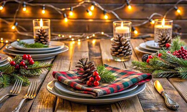 Cozy Christmas table setting with warm lights and festive decorations