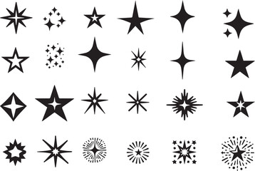 Stars set icons, different sparkle star shapes, bursts, twinkling stars, shine sparkles signs vector illustration 