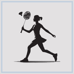 Black silhouette of female badminton player on white background