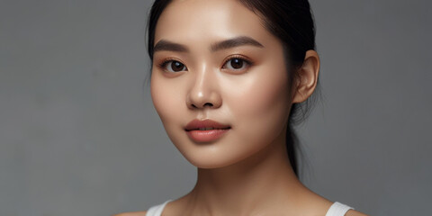 Close-up of a beautiful young Asian woman touching her clean face with fresh, healthy skin, isolated on a grey background. Beauty, cosmetics, and facial treatment concept