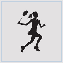Black silhouette of female badminton player on white background