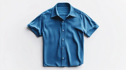 A short-sleeved blue shirt displayed flat on a white background for fashion presentation.