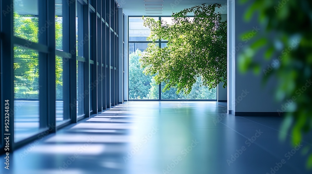 Poster empty corridor in modern office building with green tree outside the window : generative ai