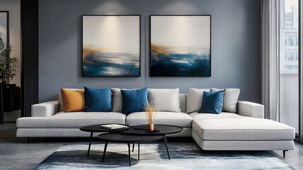 Interior design of stylish living room with mock up paintings boucle sofa black coffee table modern accessories decorations Home decor Template : Generative AI