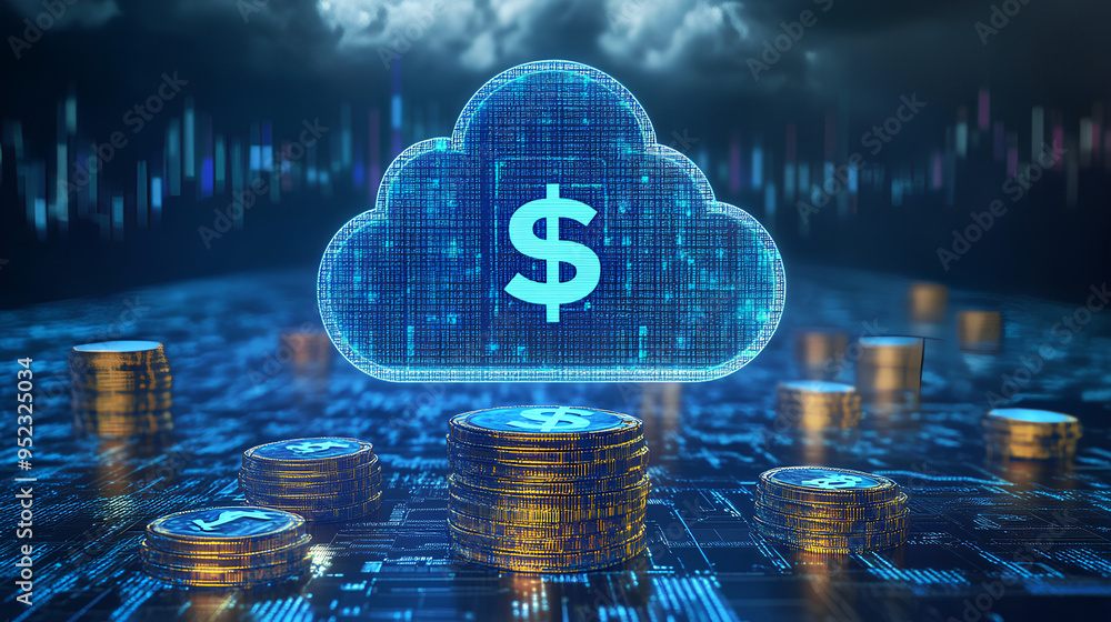 Poster cloud computing cost efficiency, cost efficiency in cloud computing with an image showing pay-per-us