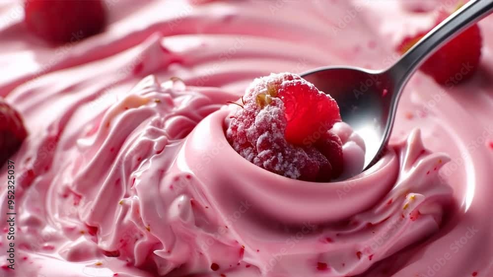 Poster a strawberry is floating in a pink swirl of ice cream. the strawberry is surrounded by a pink wave o
