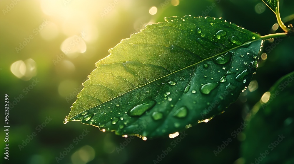 Wall mural green leaf macro shot with large beautiful drops of transparent rain water or dew with sun rays or g