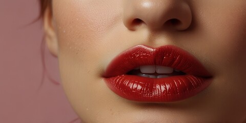 Naklejka premium Close-up of beautiful young woman’s sexy Red lips with glossy pink lip gloss. Beauty, cosmetic, and makeup concept