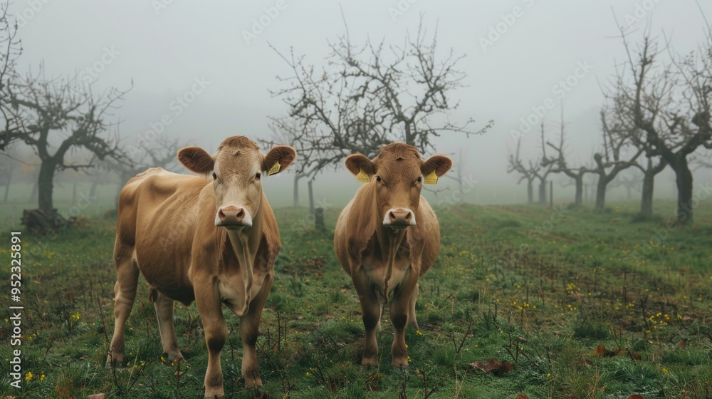 Poster Two cows standing in a field with trees in the background