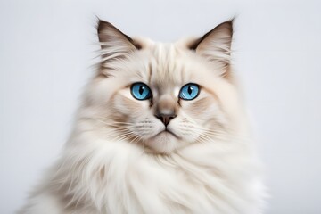 Fototapeta premium A fluffy birman cat with blue eyes and white gloved paws sitting elegantly on a white background, AI Generated