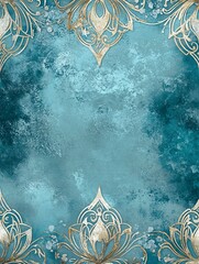 Elegant turquoise background with intricate gold floral designs, perfect for invitations.