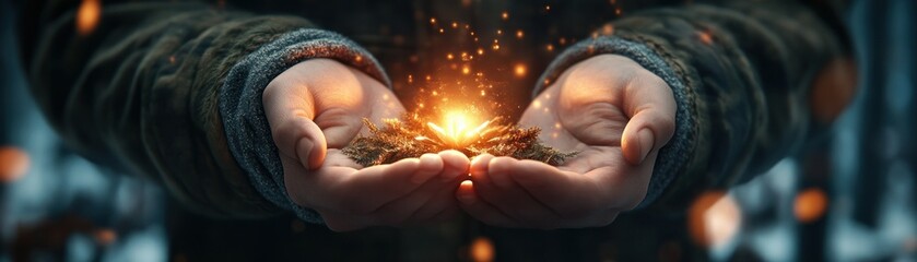 Fototapeta premium Sparkling Magic in Hands A Captivating Photo of Glowing Light and Warmth, Filled with Wonder and a Magical Atmosphere, Perfect for Fantasy, Enchanting, and Whimsical Themes