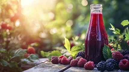 A bottle of homemade mixed berry juice on a picnic table, surrounded by fresh berries and greenery.