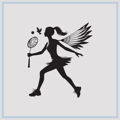 Black silhouette of female badminton player on white background