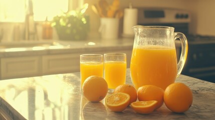 A bright scene with a pitcher of orange juice and glasses on a kitchen counter, with fresh oranges.