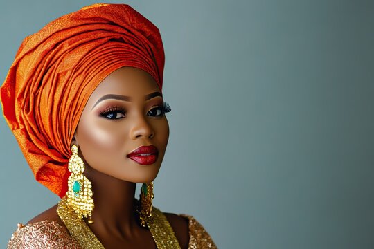 Portrait of a woman in traditional African attire with a headwrap and jewelry