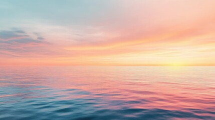 A calm sea reflecting the colors of a vibrant sunset, with the horizon stretching endlessly into the distance.