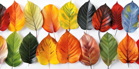 Obraz premium Flat Lay Top View Colorful Autumn Leaves Rainbow Leafs On White Background Banner