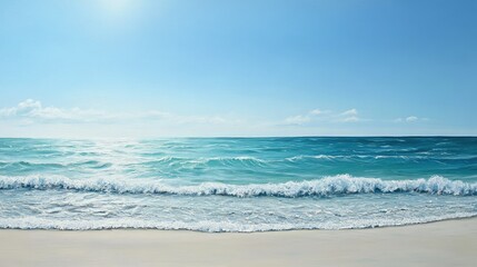 Fototapeta premium A calm, turquoise sea under a clear blue sky with gentle waves lapping at the sandy shore, peaceful coastal scene.