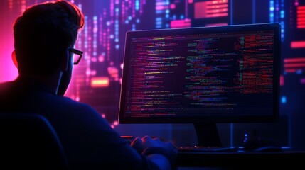 A programmer working late at night with glowing code on a monitor, surrounded by vibrant digital data visuals.