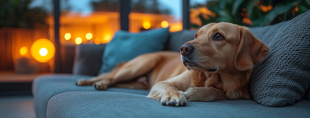 Obraz na płótnie Canvas wide horizontal background cover banner photo of wifi smart home assistant control device glowing on a modern interior living area and a dog sleeping on a couch near the device