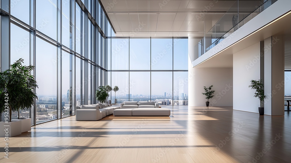 Poster Interior of modern empty office buildingOpen ceiling designThere are floortoceiling Windows and comfortable sofas : Generative AI