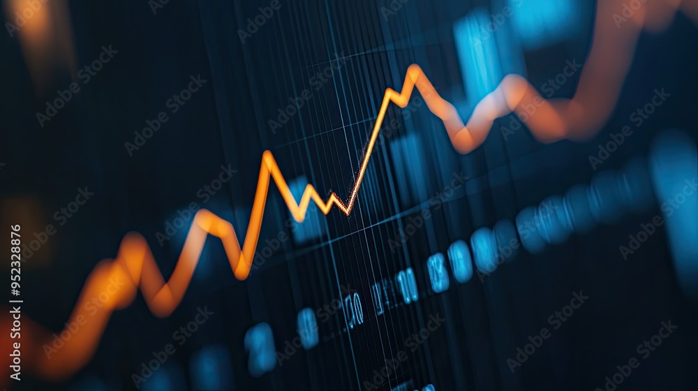 Poster a close-up of a financial line graph on a dark background, showing a sharp upward trend in business 