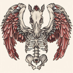 Pegasus head skeleton bones very simple traditional tattoo flash styles illustration
