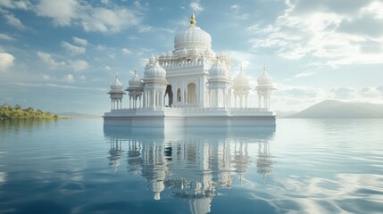 Obraz premium Hindu temple tank with space for text on the water surface. Sacred water body.