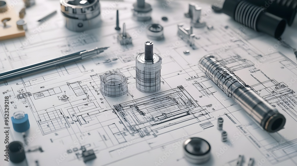 Poster detailed mechanical engineering blueprint schematic drawing with technical components